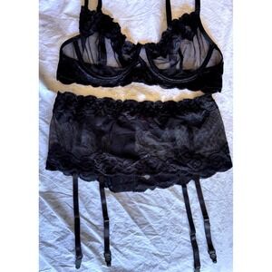 Avidlove Black Lace Lingerie Set Sheer Mesh Bra and Garter Belt Womens Large